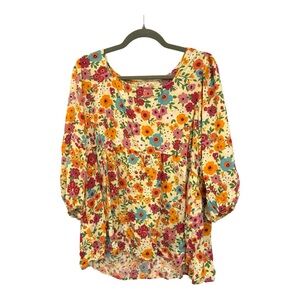 Haptics Floral Boho Peasant Tunic Top Colorful Cottagecore Vibe 3/4 Sleeve 2X